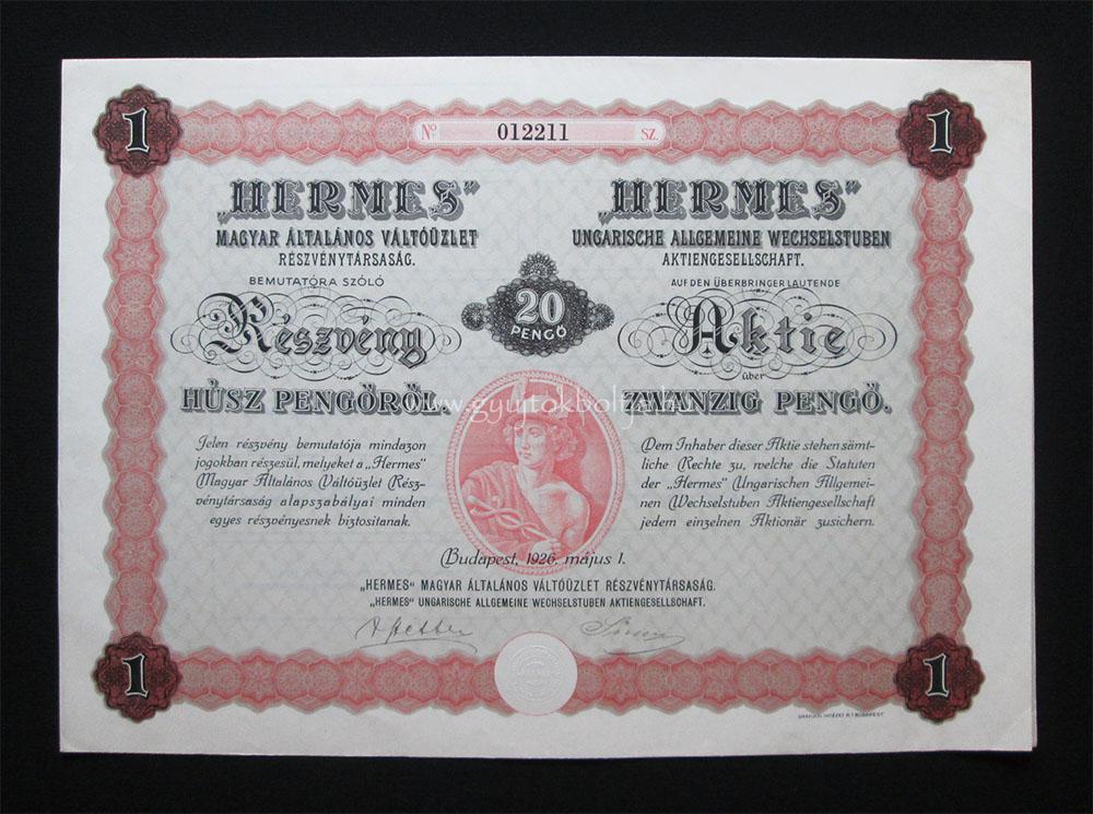 Hermes Magyar Általános Váltóüzlet részvény 20 pengõ 1926